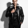 Men's Black Crocodile Embossed Rex Fur Collar Genuine Lambskin Leather Jacket