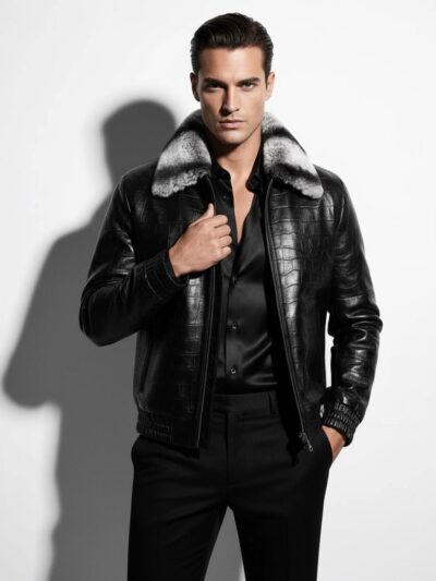 Men's Black Crocodile Embossed Rex Fur Collar Genuine Lambskin Leather Jacket