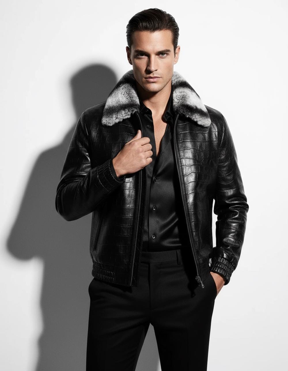 Men's Black Crocodile Embossed Rex Fur Collar Genuine Lambskin Leather Jacket