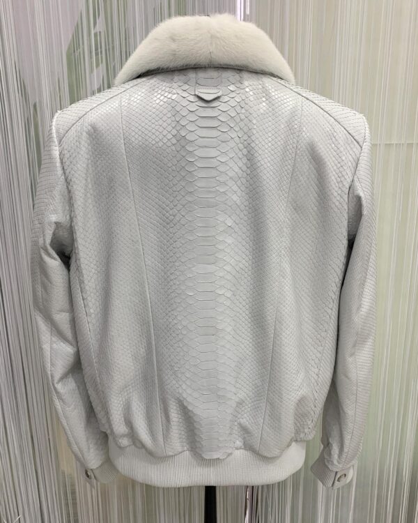 Men's Genuine Python Skin Removable Mink Fur Collar White Exotic Leather Jacket