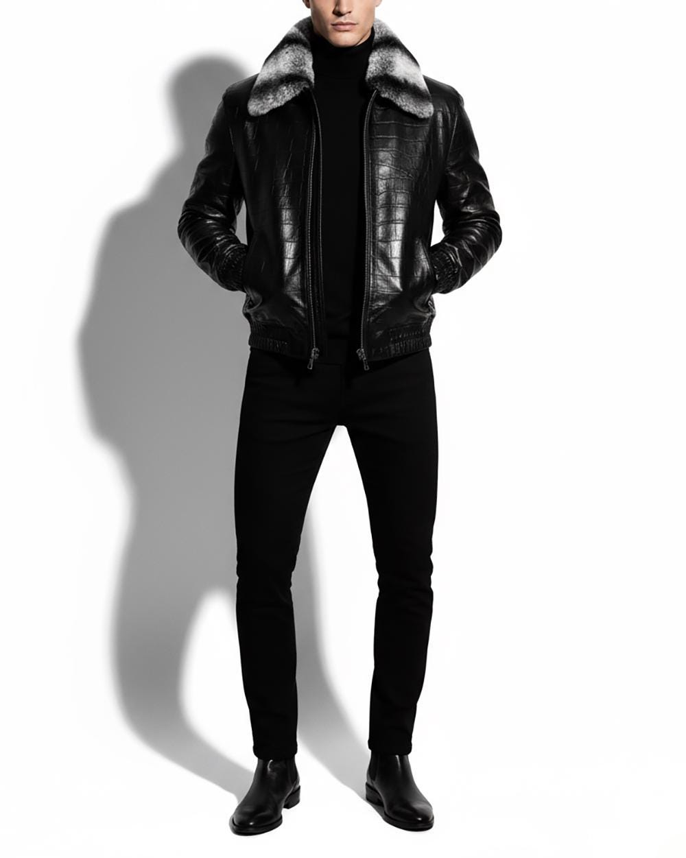 Men's Black Crocodile Embossed Rex Fur Collar Genuine Lambskin Leather Jacket