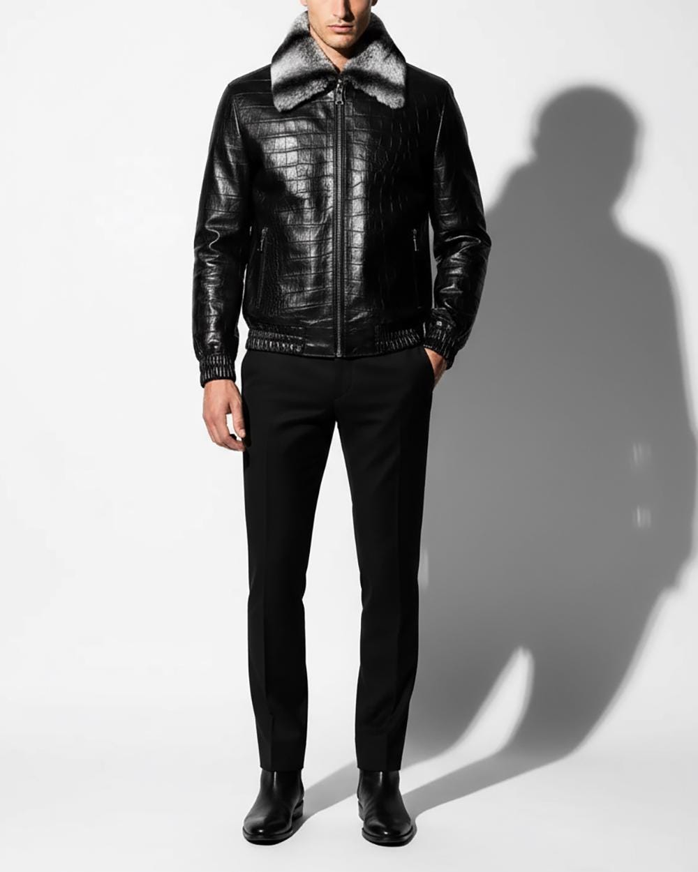 Men's Black Crocodile Embossed Rex Fur Collar Genuine Lambskin Leather Jacket