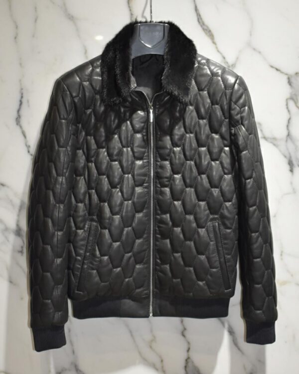 Removable Mink Fur Collar Quilted Genuine Leather Men's Luxury Black Bomber Jacket