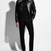 Men's Black Crocodile Embossed Rex Fur Collar Genuine Lambskin Leather Jacket