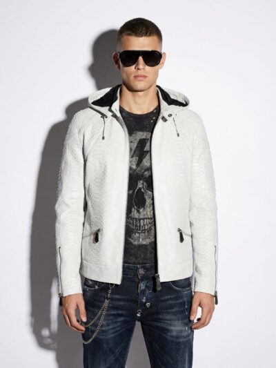 Genuine Python Leather Removable Hood Men's Exotic Snake Skin White Luxury Hoodie Jacket