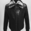 Men's Black Crocodile Embossed Rex Fur Collar Genuine Lambskin Leather Jacket