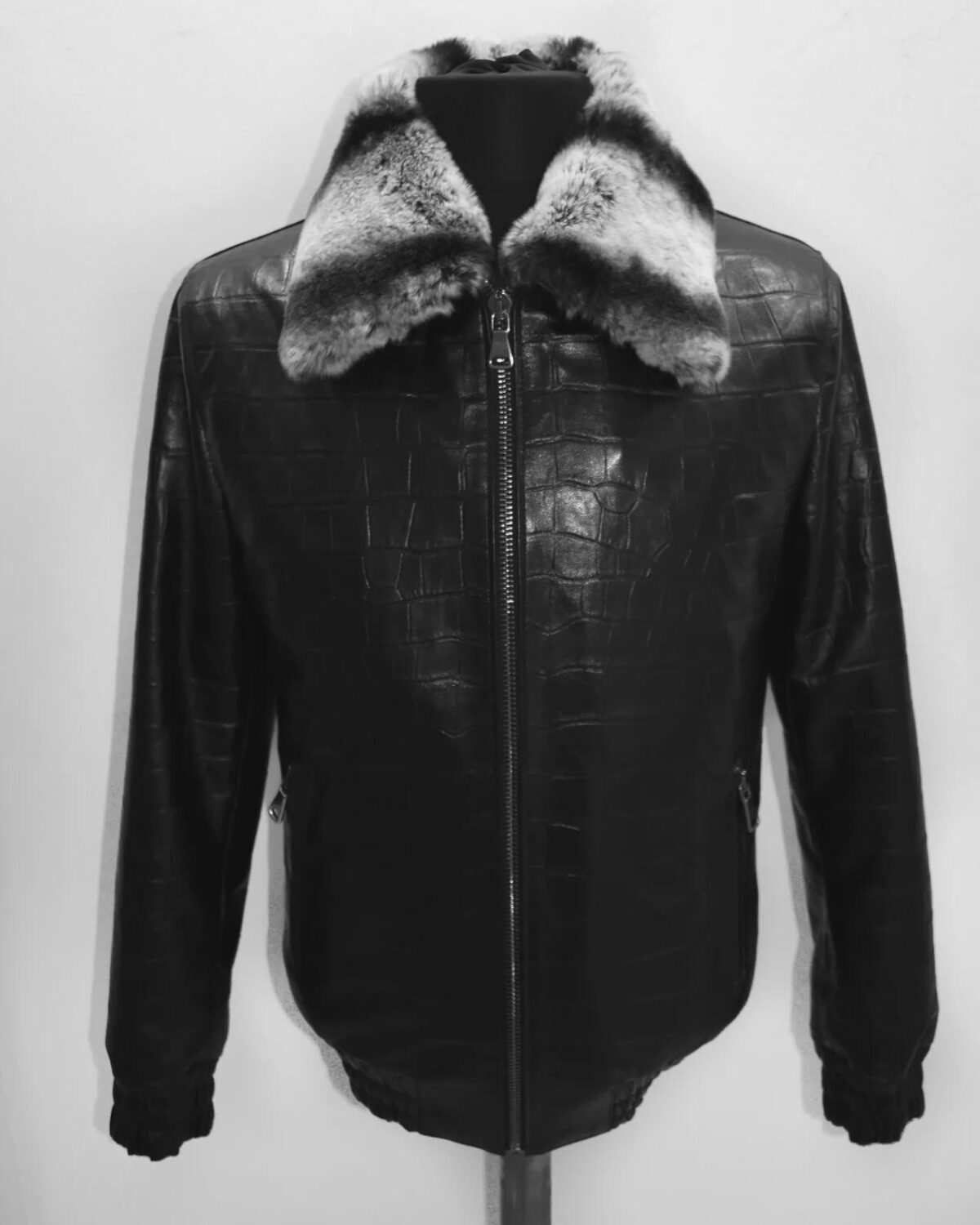 Men's Black Crocodile Embossed Rex Fur Collar Genuine Lambskin Leather Jacket