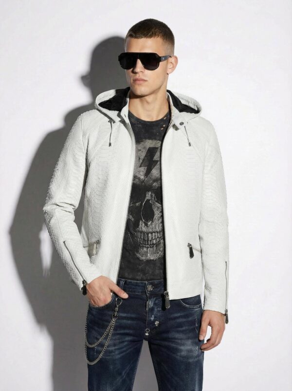 Genuine Python Leather Removable Hood Men's Exotic Snake Skin White Luxury Hoodie Jacket