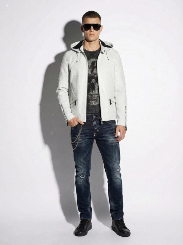 Genuine Python Leather Removable Hood Men's Exotic Snake Skin White Luxury Hoodie Jacket