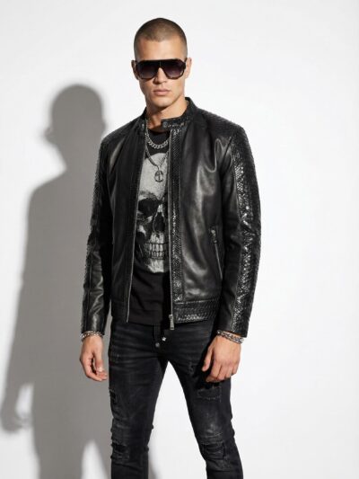 Men's Real Python Skin Trim Genuine Leather Black Luxury Moto Jacket