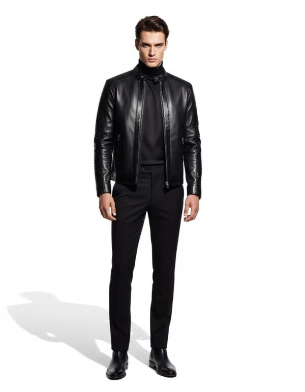 Men's Real Python Skin Trim Genuine Leather Black Luxury Moto Jacket