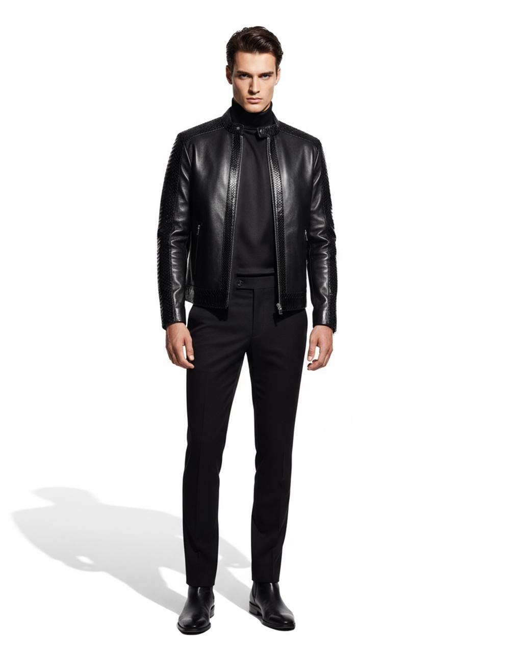 695e5a3859f447123fa57da6.jpg Men's Real Python Skin Trim Genuine Leather Black Luxury Moto Jacket