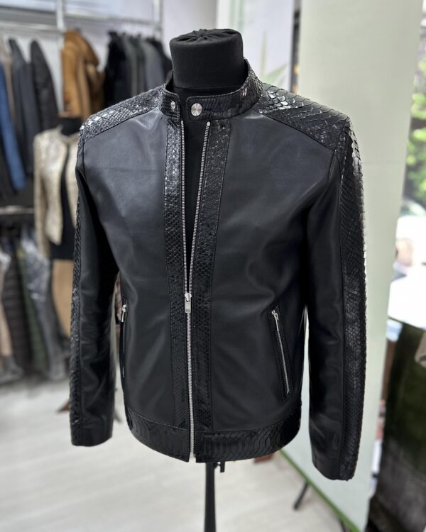 Men's Real Python Skin Trim Genuine Leather Black Luxury Moto Jacket