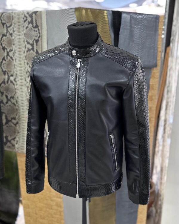 Men's Real Python Skin Trim Genuine Leather Black Luxury Moto Jacket
