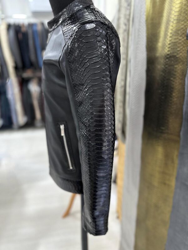 Men's Real Python Skin Trim Genuine Leather Black Luxury Moto Jacket
