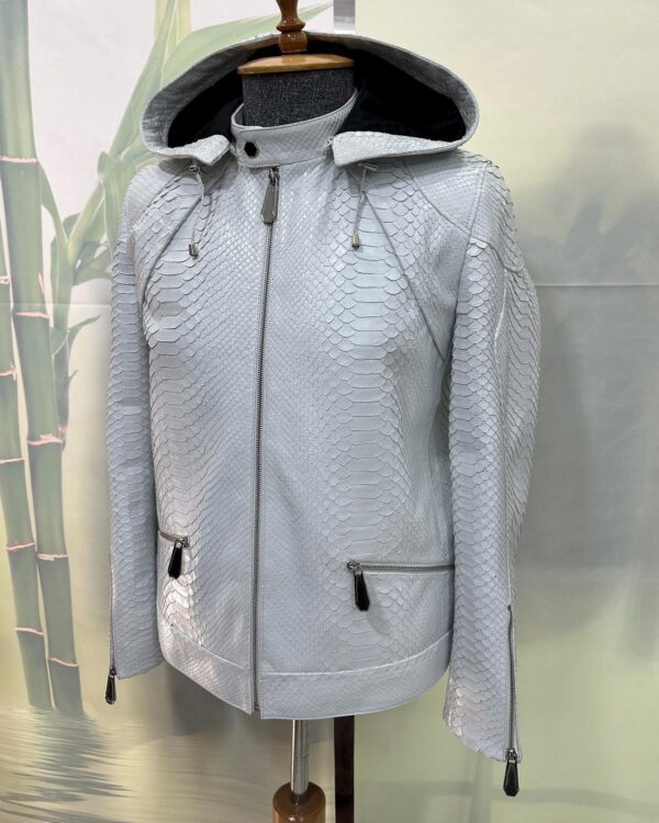 Genuine Python Leather Removable Hood Men's Exotic Snake Skin White Luxury Hoodie Jacket
