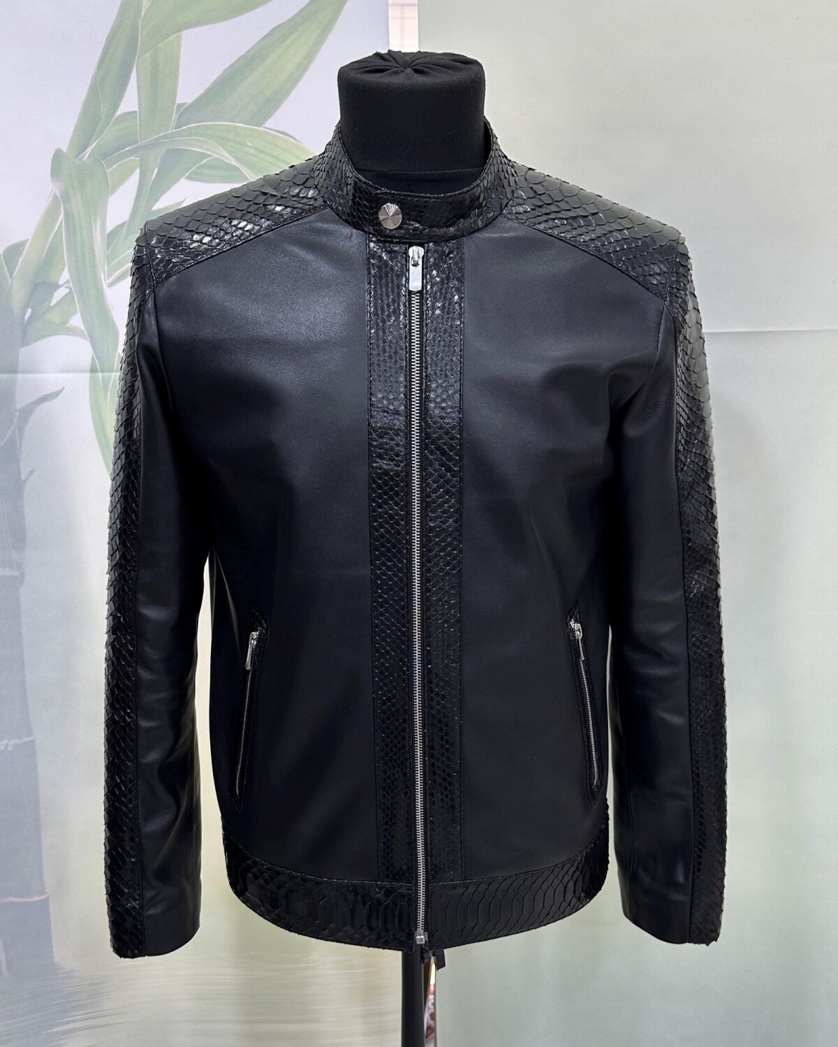 695e5a3959f447123fa57db4.jpg Men's Real Python Skin Trim Genuine Leather Black Luxury Moto Jacket