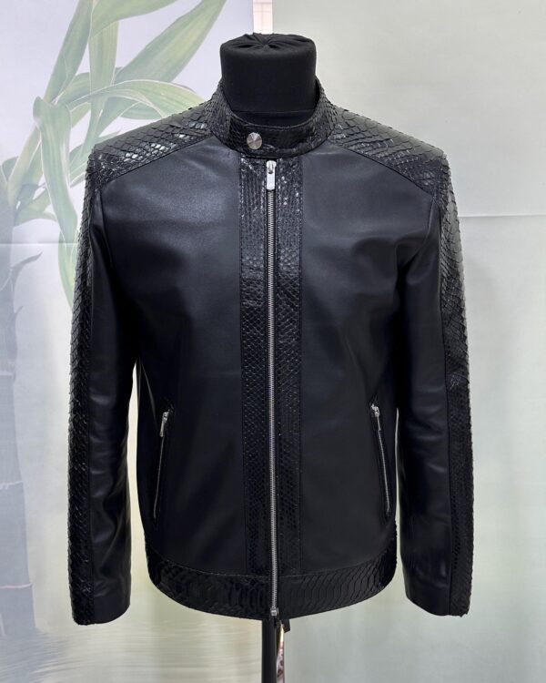 Men's Real Python Skin Trim Genuine Leather Black Luxury Moto Jacket
