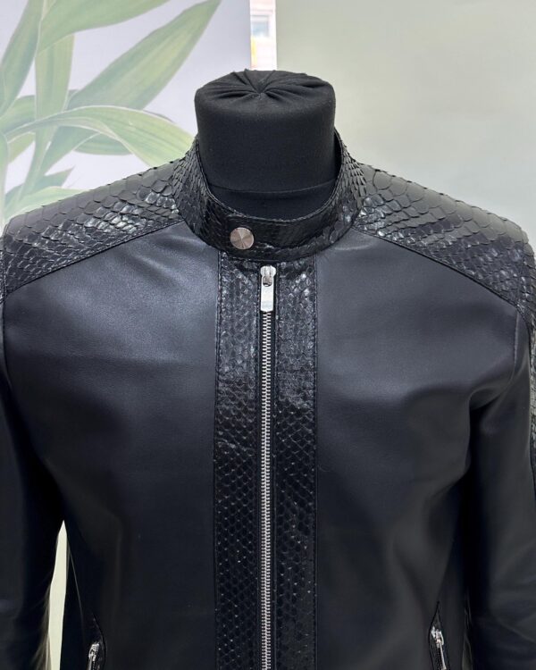 Men's Real Python Skin Trim Genuine Leather Black Luxury Moto Jacket