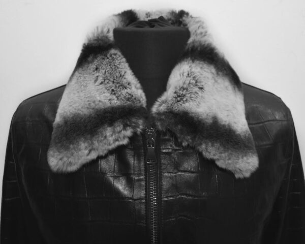 Men's Black Crocodile Embossed Rex Fur Collar Genuine Lambskin Leather Jacket