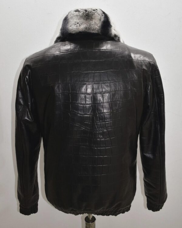 Men's Black Crocodile Embossed Rex Fur Collar Genuine Lambskin Leather Jacket