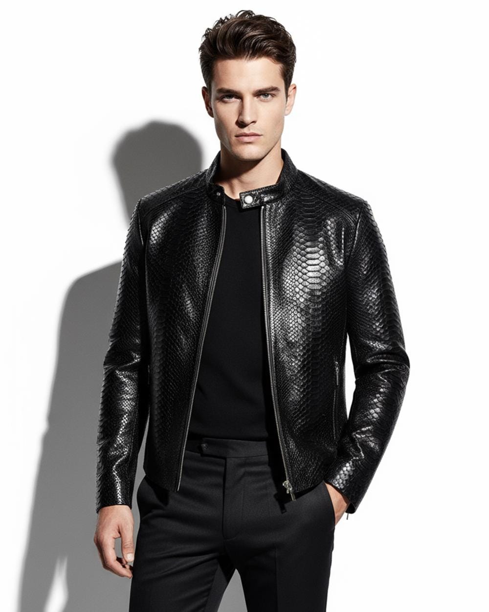 695e5a3a59f447123fa57e5c.jpg Real Python Leather Genuine Exotic Skin Men's Black Navy Blue Luxury Jacket