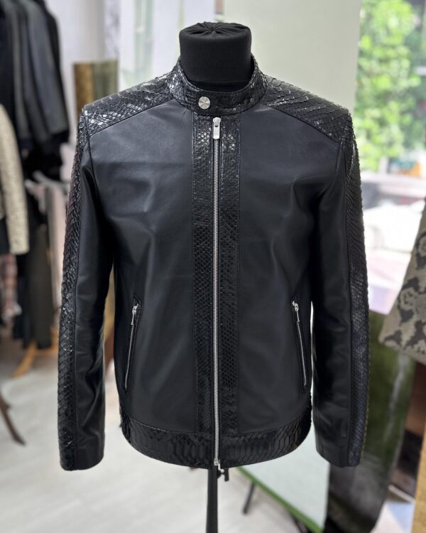 Men's Real Python Skin Trim Genuine Leather Black Luxury Moto Jacket