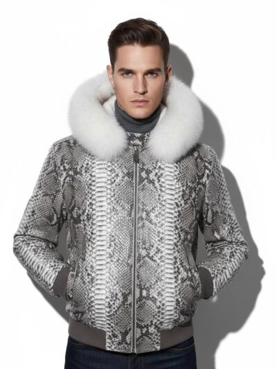 Genuine Python Leather Men's Hoodie: Fox Fur Trim, Rex Fur Lining