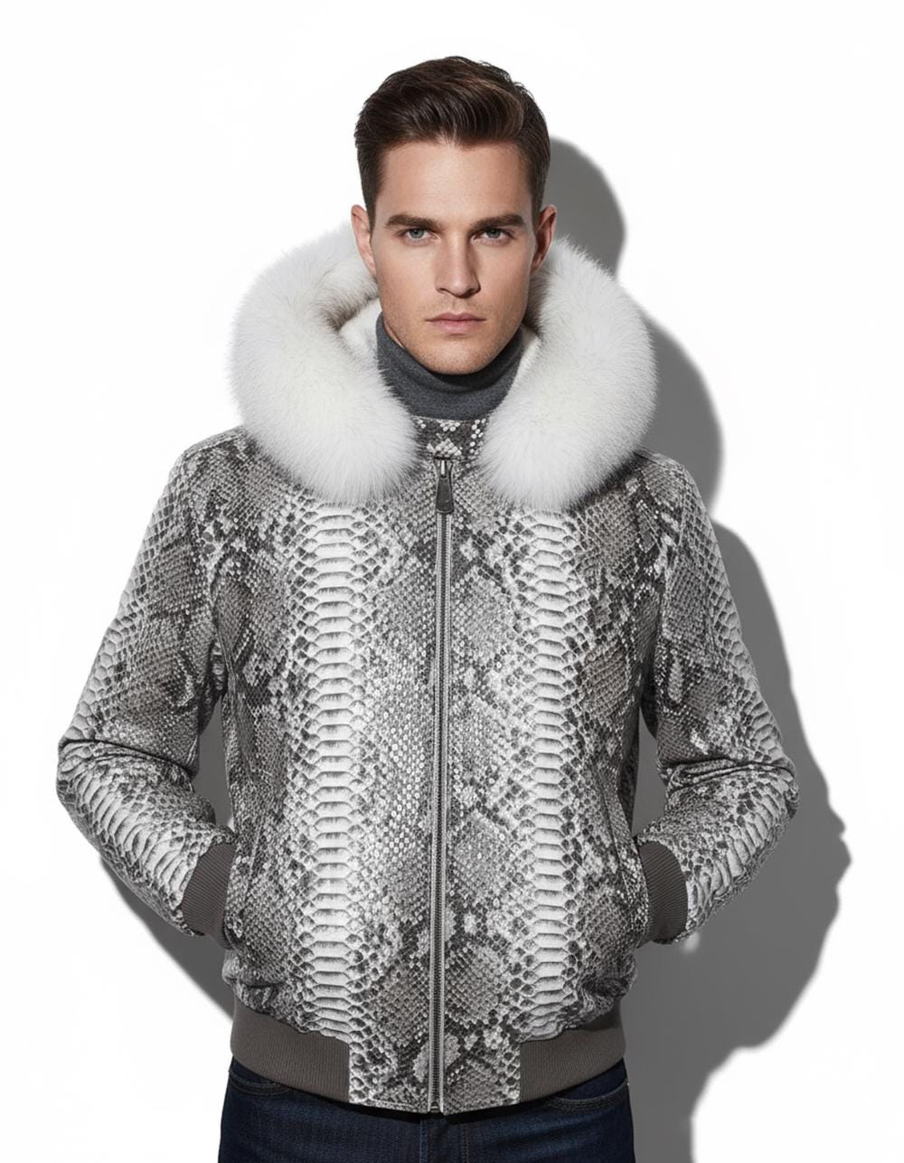 Genuine Python Leather Men's Hoodie: Fox Fur Trim, Rex Fur Lining