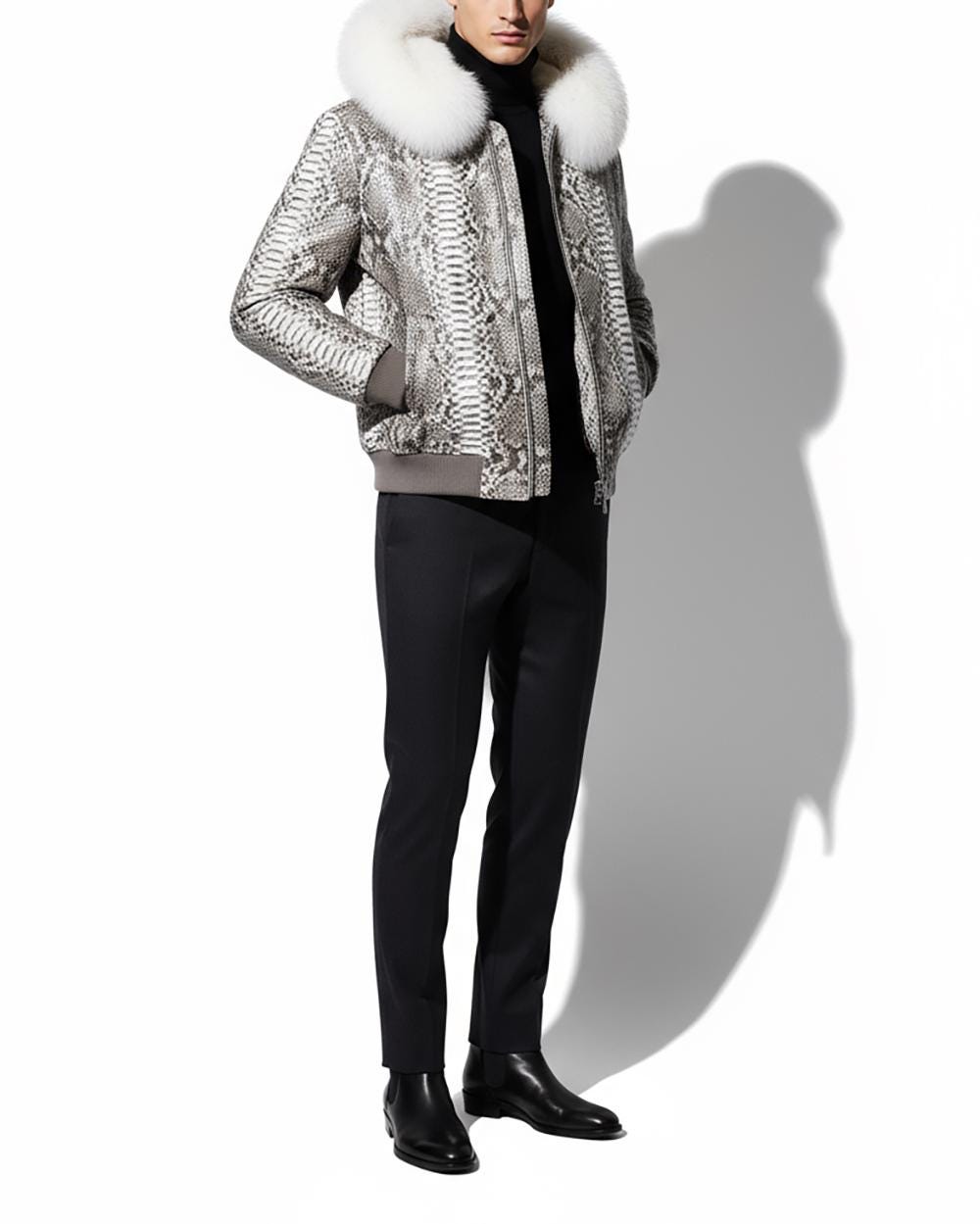 Genuine Python Leather Men's Hoodie: Fox Fur Trim, Rex Fur Lining