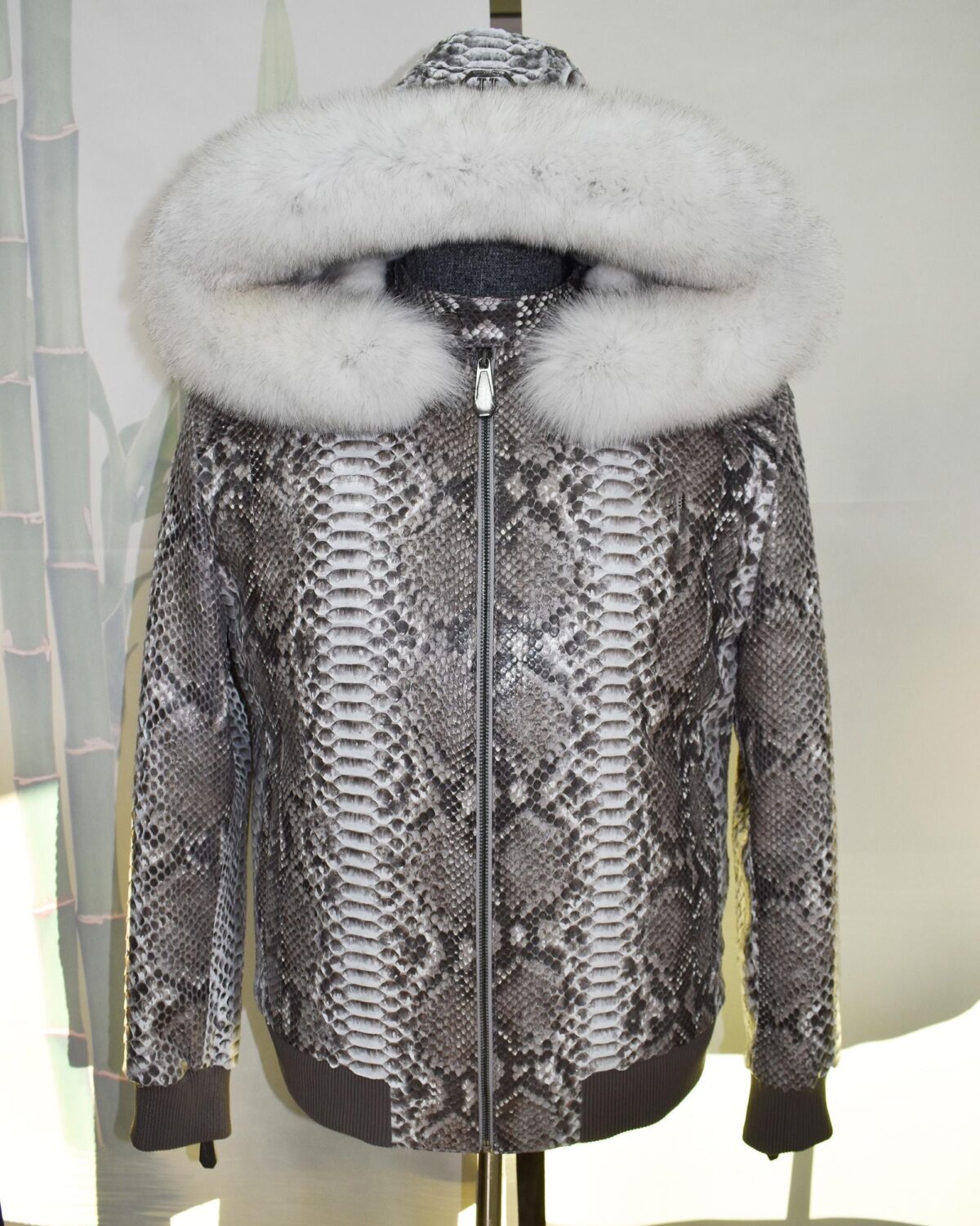 Genuine Python Leather Men's Hoodie: Fox Fur Trim, Rex Fur Lining