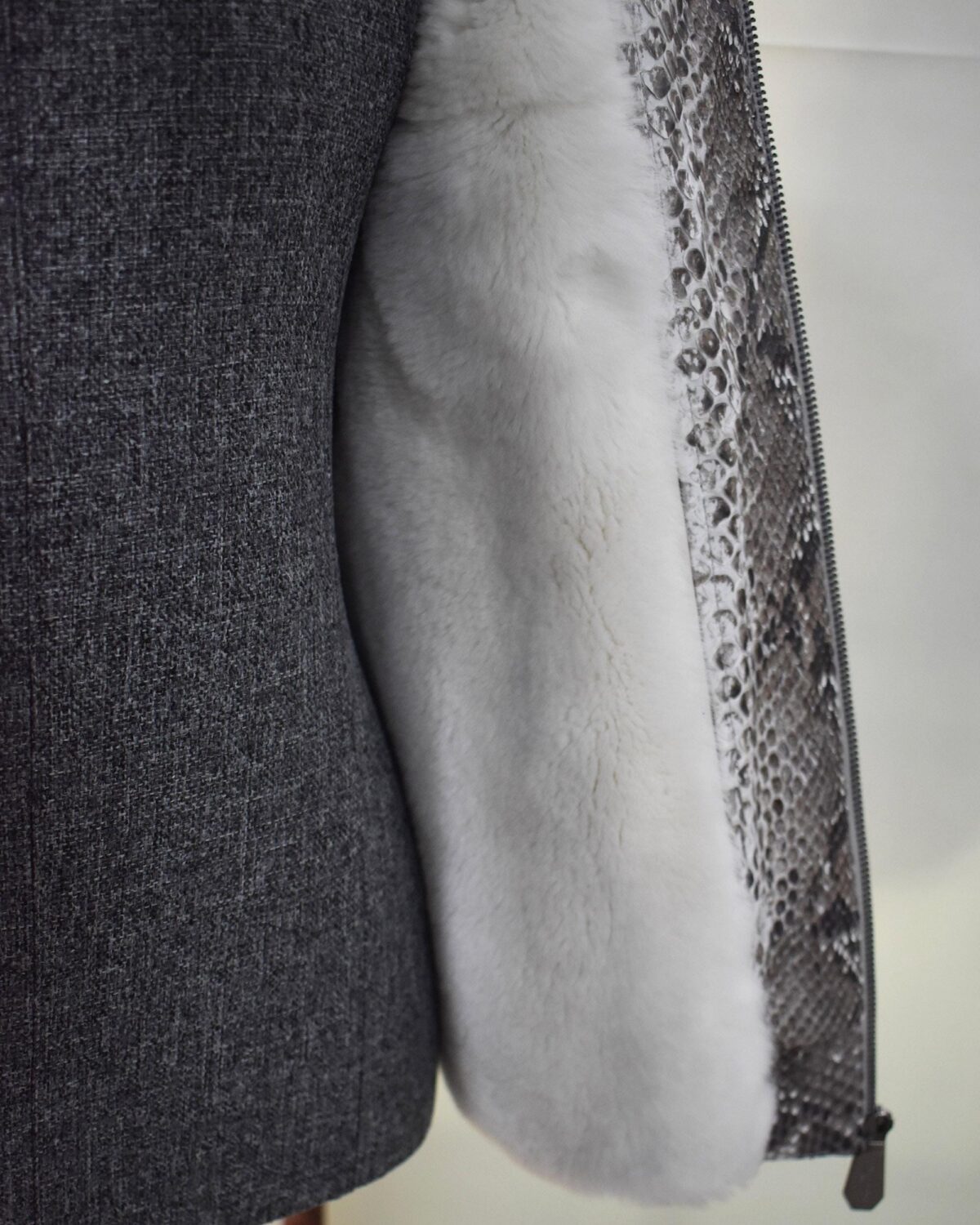 Genuine Python Leather Men's Hoodie: Fox Fur Trim, Rex Fur Lining