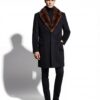 Men's Luxury Cashmere Black Overcoat | Genuine Mink Fur Collar Mahogany Winter Coat