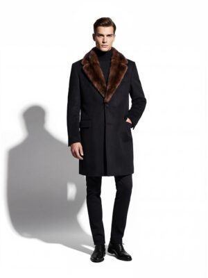 Men's Luxury Cashmere Black Overcoat | Genuine Mink Fur Collar Mahogany Winter Coat