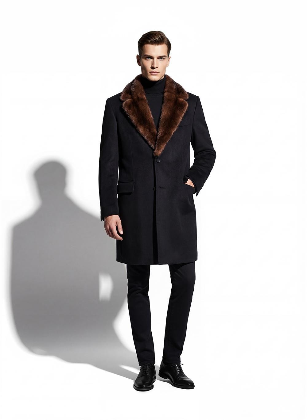 Men's Luxury Cashmere Black Overcoat | Genuine Mink Fur Collar Mahogany Winter Coat