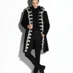 Luxury Cashmere Coat with Rex Rabbit Fur Trim | Long Black Winter Hooded Overcoat
