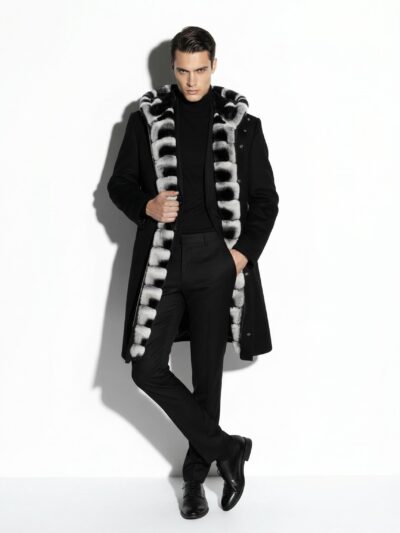 Luxury Cashmere Coat with Rex Rabbit Fur Trim | Long Black Winter Hooded Overcoat