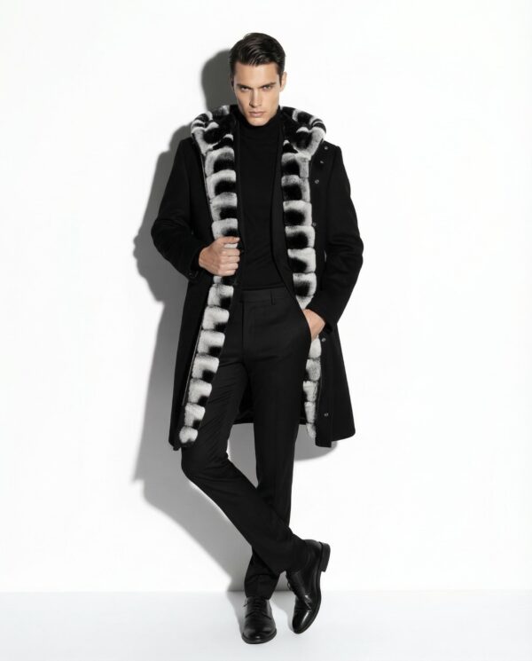 Luxury Cashmere Coat with Rex Rabbit Fur Trim | Long Black Winter Hooded Overcoat