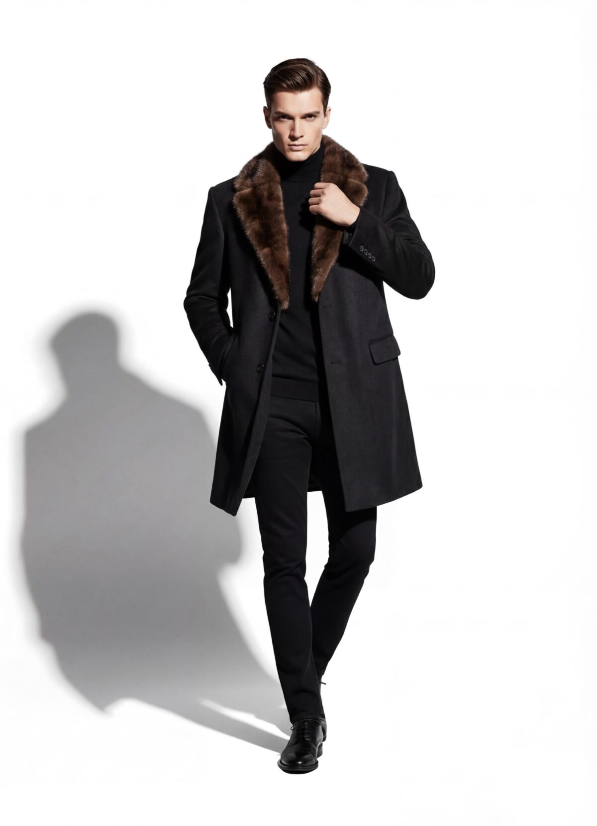 Men's Luxury Cashmere Black Overcoat | Genuine Mink Fur Collar Mahogany Winter Coat