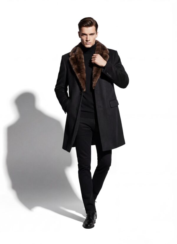Men's Luxury Cashmere Black Overcoat | Genuine Mink Fur Collar Mahogany Winter Coat