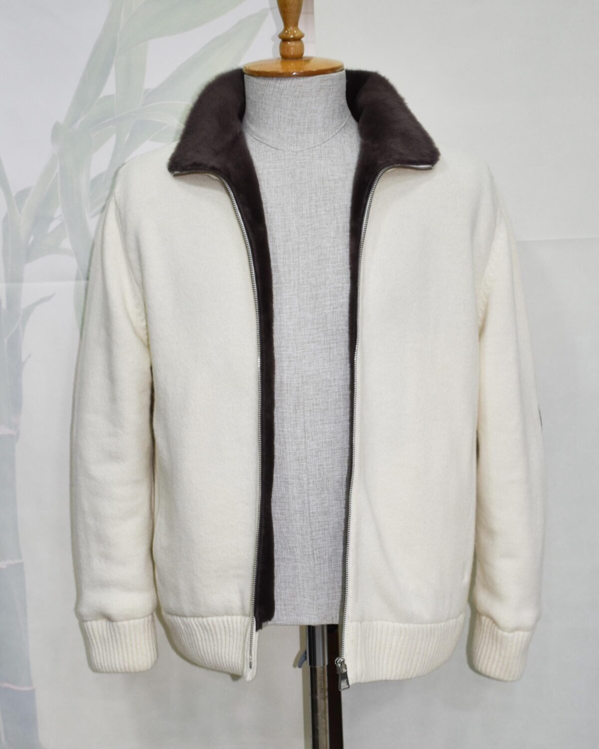 Men’s Wool Cardigan with Merino Fur Lining – Luxury Winter Zip Jacket in Cream White