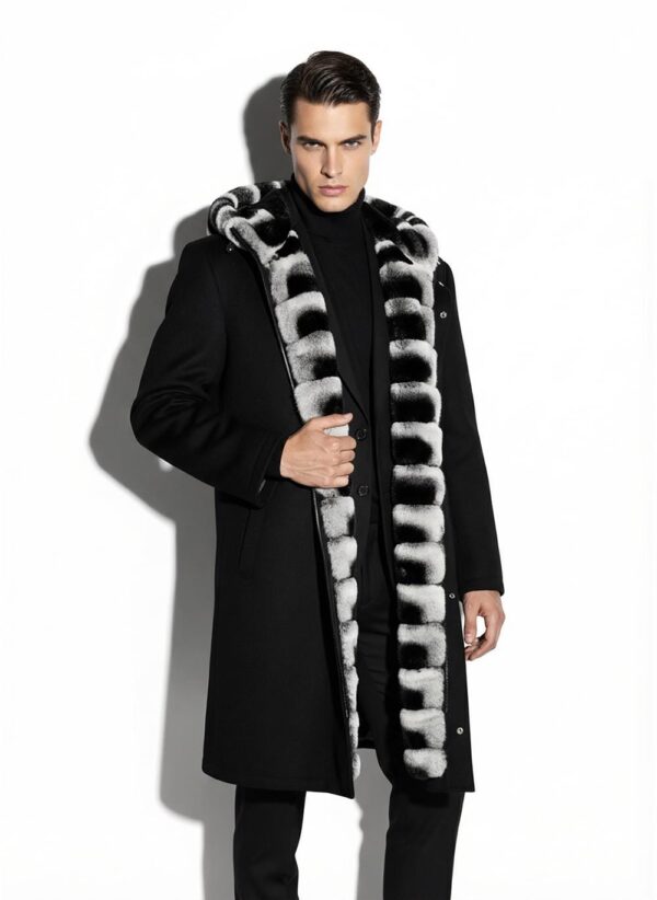 Luxury Cashmere Coat with Rex Rabbit Fur Trim | Long Black Winter Hooded Overcoat