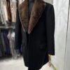 Men's Luxury Cashmere Black Overcoat | Genuine Mink Fur Collar Mahogany Winter Coat