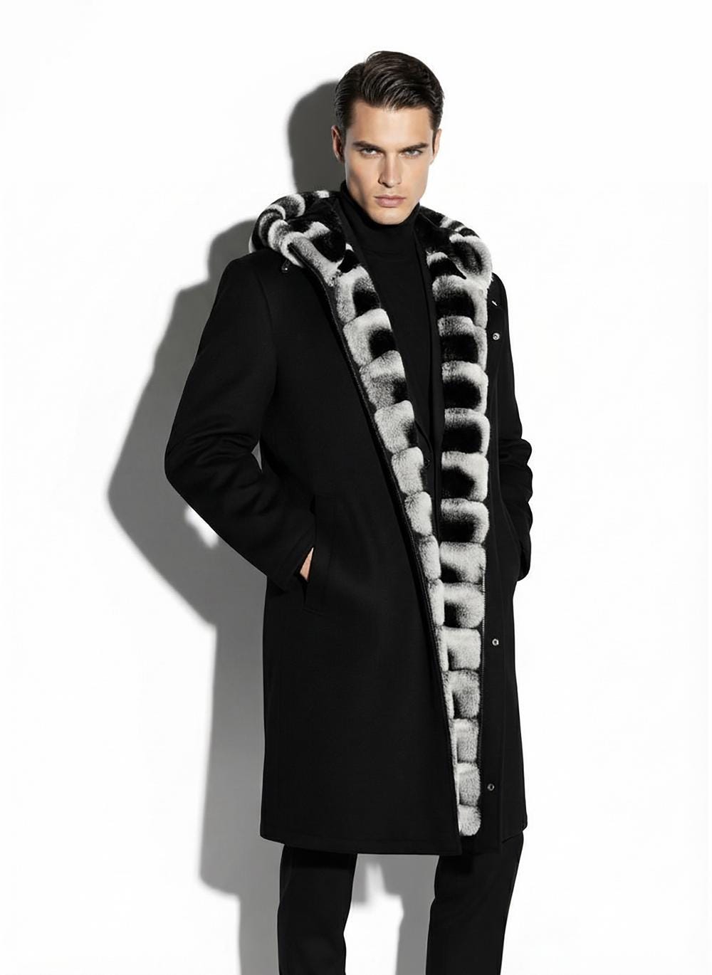 695e5a9159f447123fa5818d.jpg Luxury Cashmere Coat with Rex Rabbit Fur Trim | Long Black Winter Hooded Overcoat