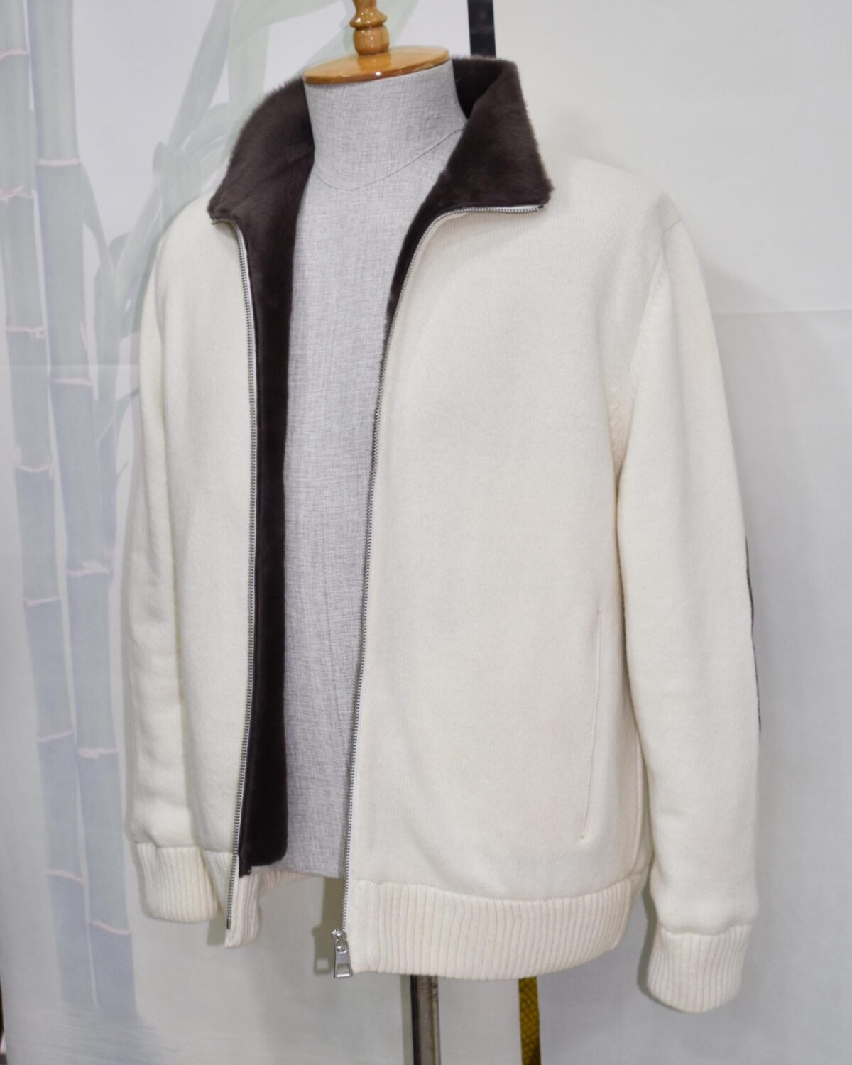 Men’s Wool Cardigan with Merino Fur Lining – Luxury Winter Zip Jacket in Cream White
