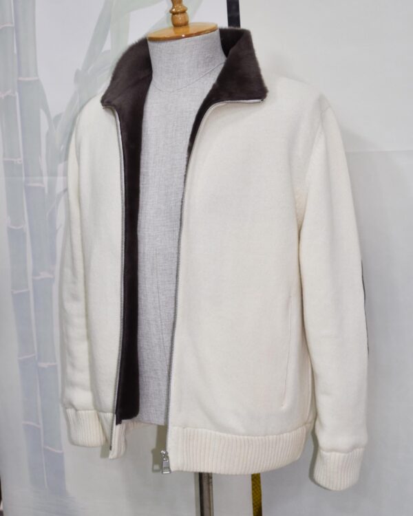 Men’s Wool Cardigan with Merino Fur Lining – Luxury Winter Zip Jacket in Cream White