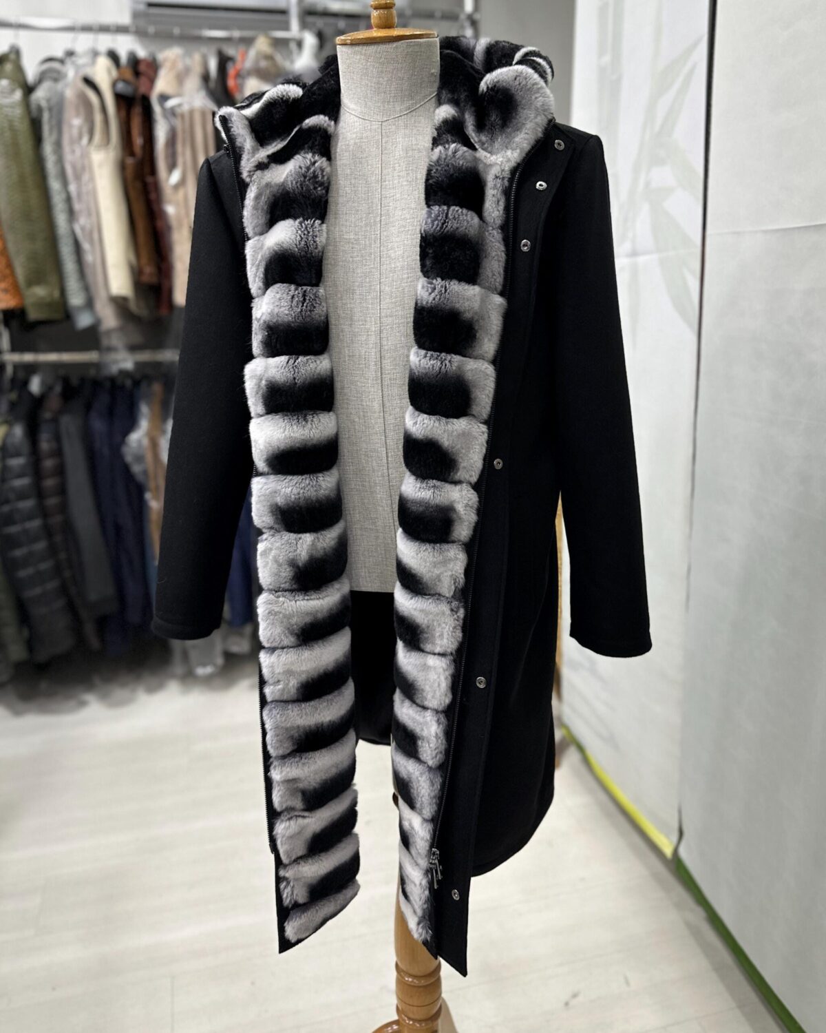 695e5a9159f447123fa58195.jpg Luxury Cashmere Coat with Rex Rabbit Fur Trim | Long Black Winter Hooded Overcoat