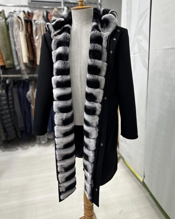 Luxury Cashmere Coat with Rex Rabbit Fur Trim | Long Black Winter Hooded Overcoat