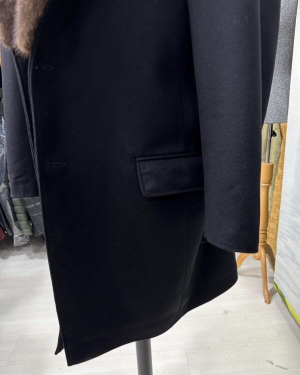 Men's Luxury Cashmere Black Overcoat | Genuine Mink Fur Collar Mahogany Winter Coat