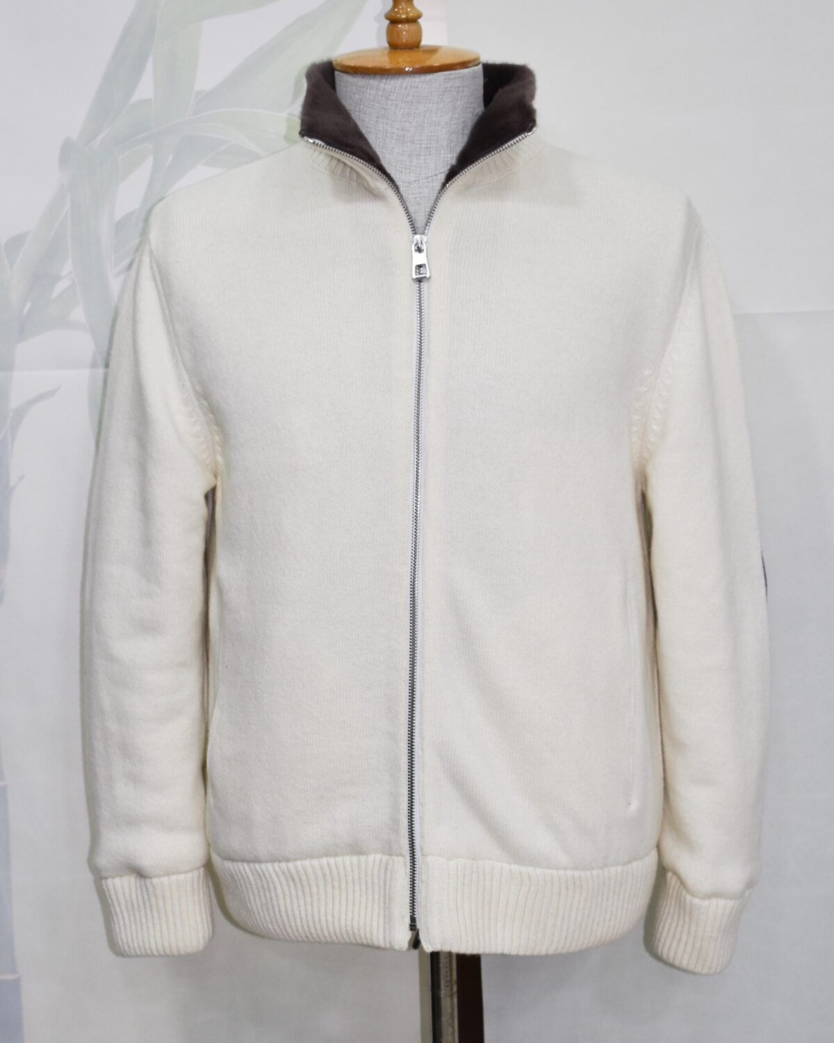 Men’s Wool Cardigan with Merino Fur Lining – Luxury Winter Zip Jacket in Cream White